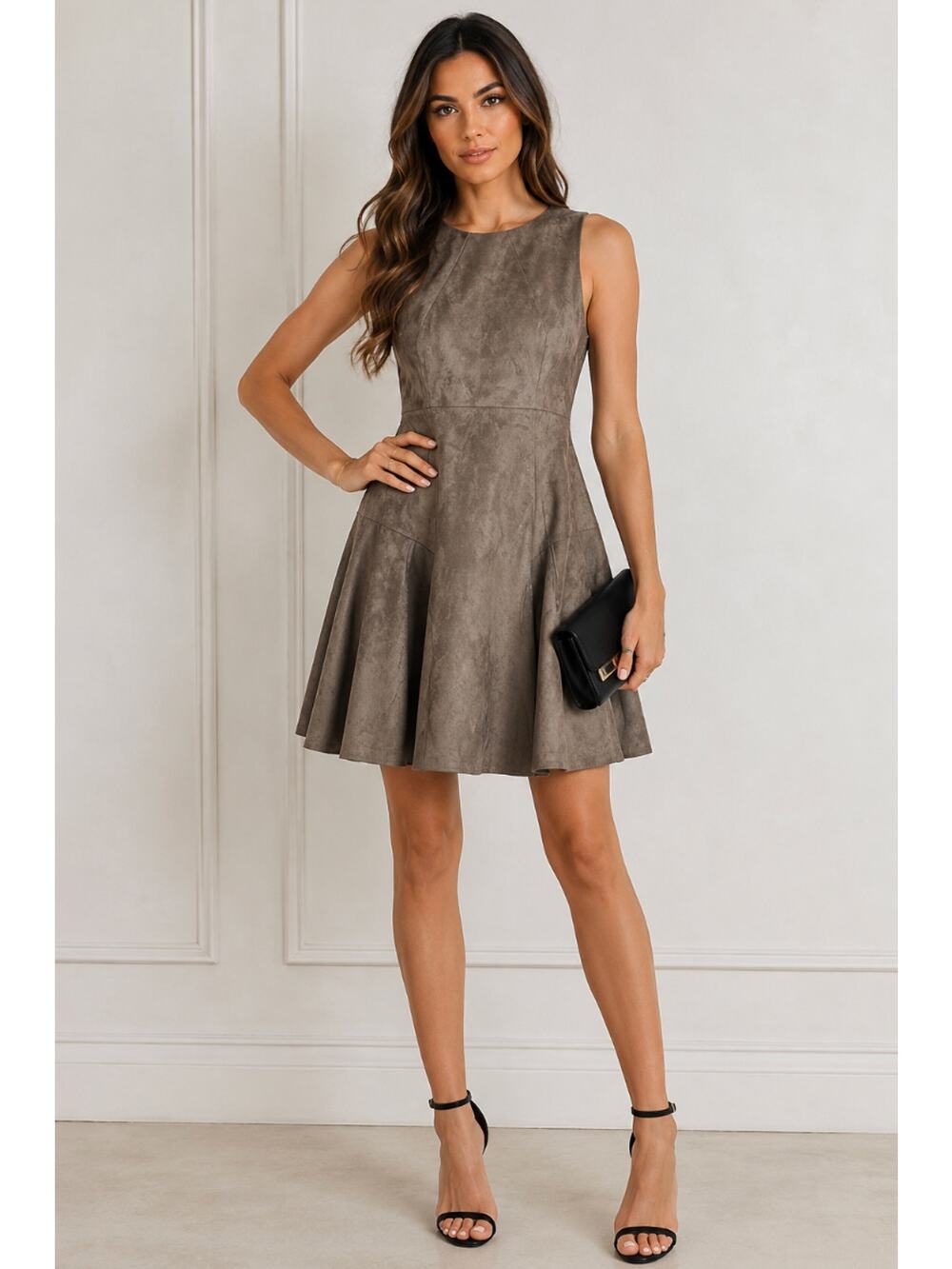 New Premise Faux Suede Heathered Taupe Fit and Flare Formal GNO Revenge Dress 8